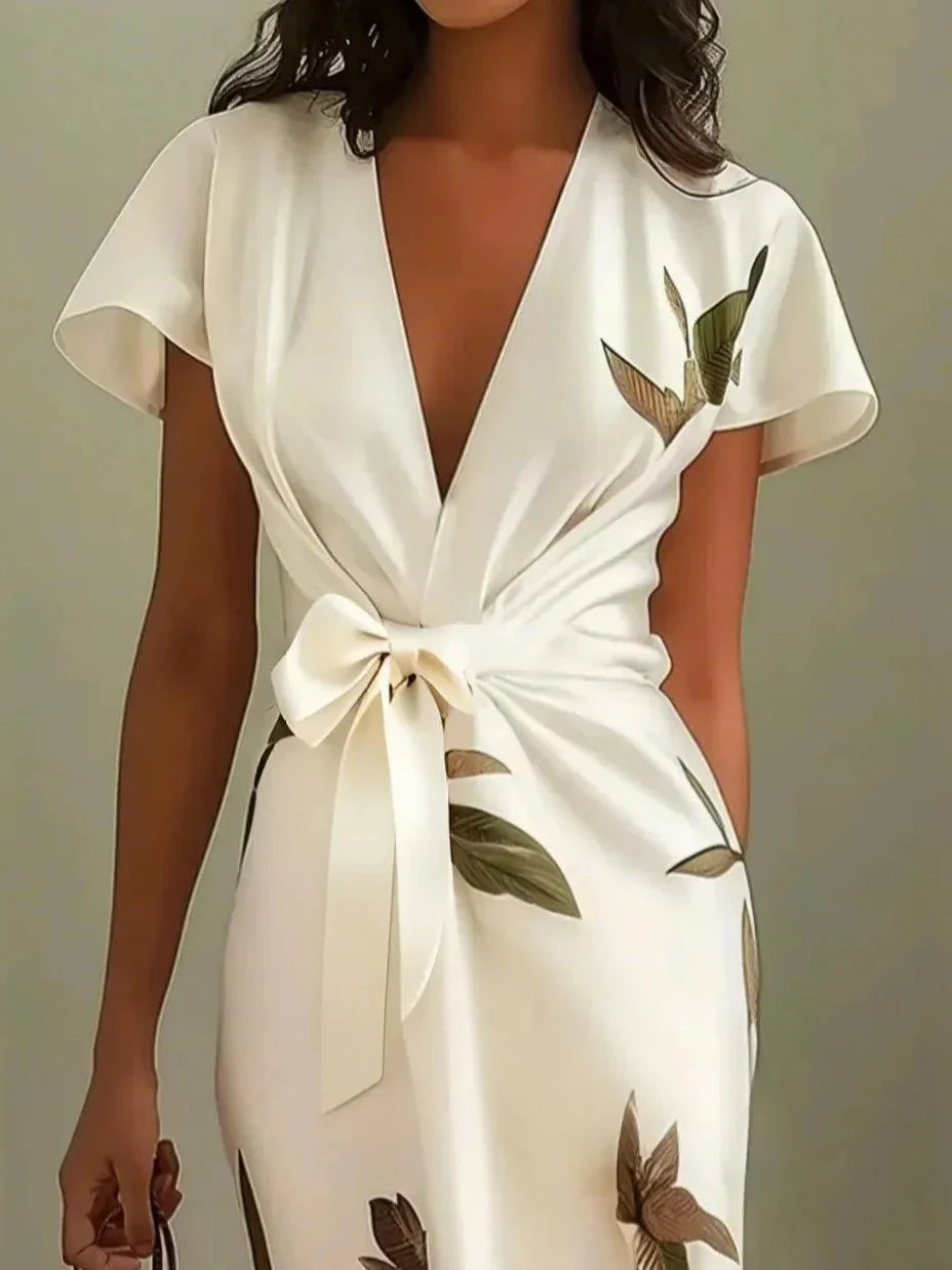 NORA | WHITE LEAF SHORT SLEEVE SATIN WRAP SHEATH MIDI DRESS