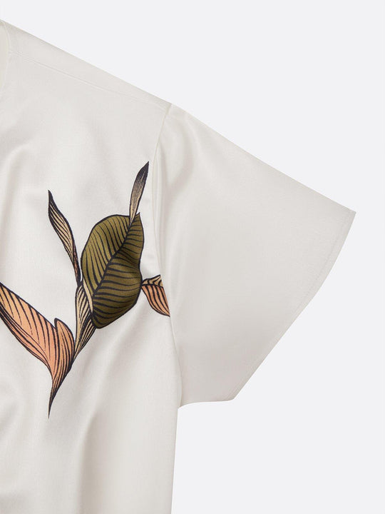 NORA | WHITE LEAF SHORT SLEEVE SATIN WRAP SHEATH MIDI DRESS