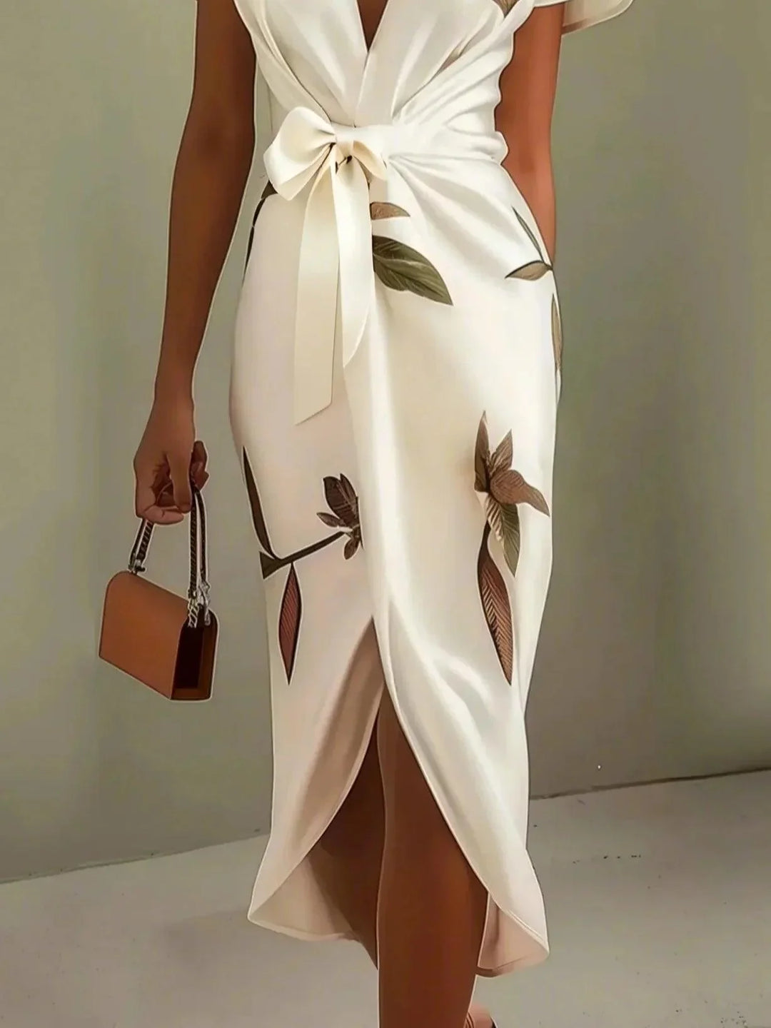 NORA | WHITE LEAF SHORT SLEEVE SATIN WRAP SHEATH MIDI DRESS