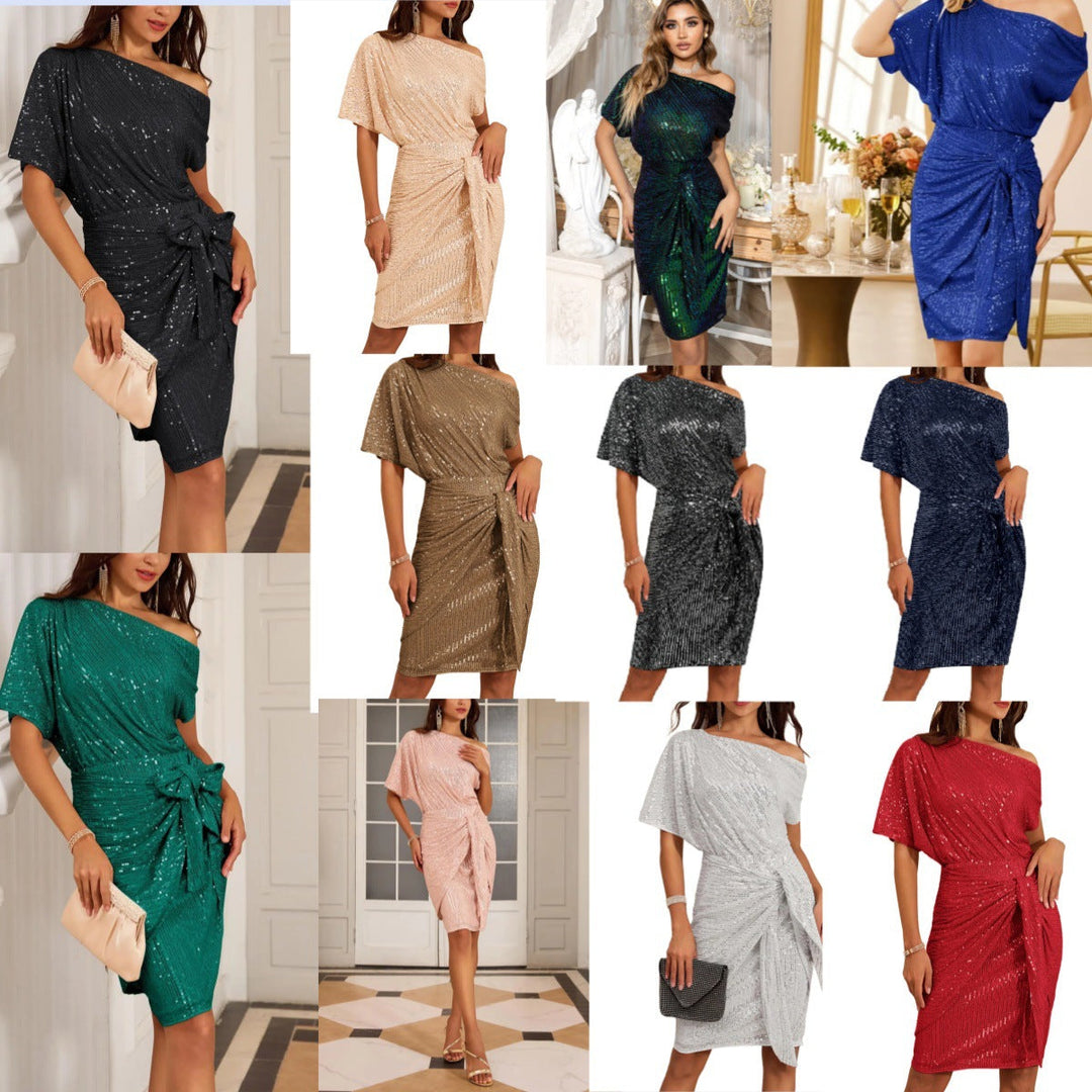 Sparkly one-shoulder dress with soft flowing ruffles