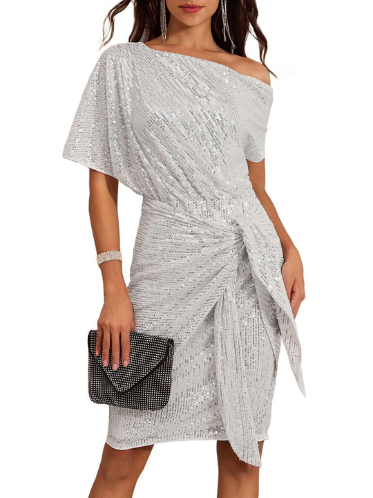 Sparkly one-shoulder dress with soft flowing ruffles