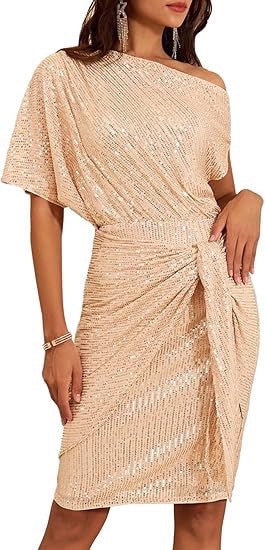 Sparkly one-shoulder dress with soft flowing ruffles