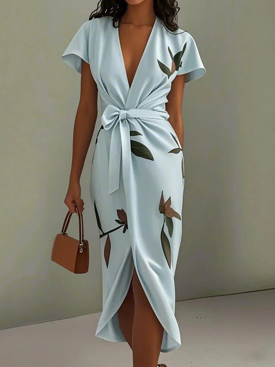 NORA | WHITE LEAF SHORT SLEEVE SATIN WRAP SHEATH MIDI DRESS
