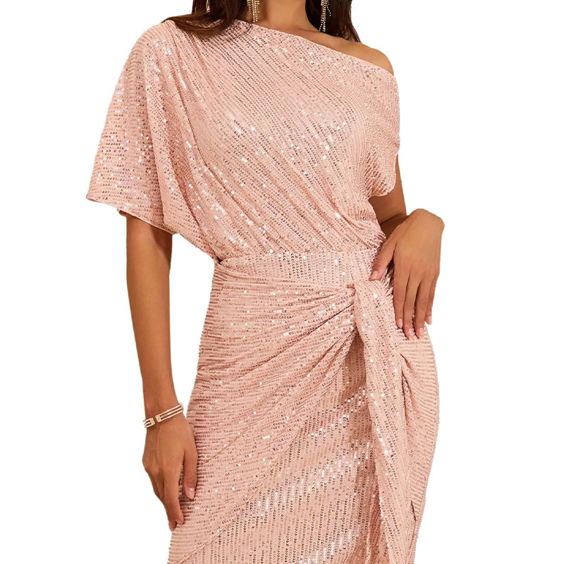 Sparkly one-shoulder dress with soft flowing ruffles