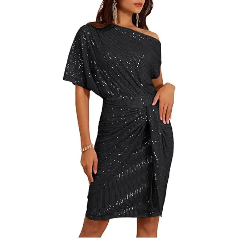 Sparkly one-shoulder dress with soft flowing ruffles