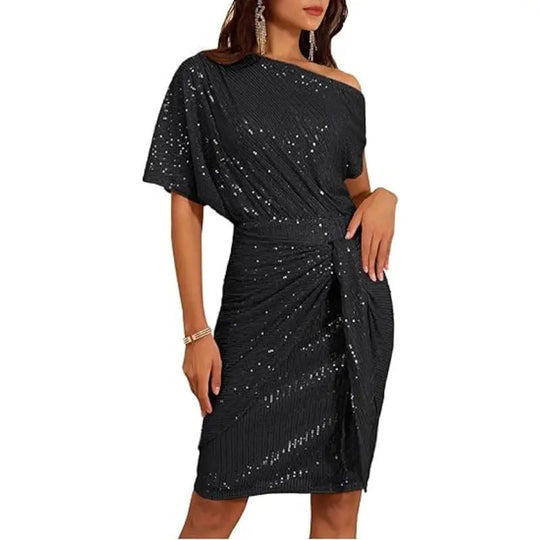 Sparkly one-shoulder dress with soft flowing ruffles
